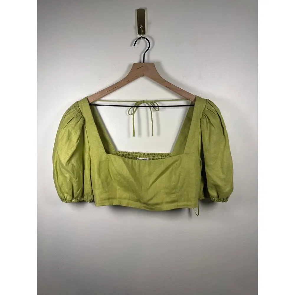 Reformation 100% Linen Puff Sleeve Crop Top Green, Size 10